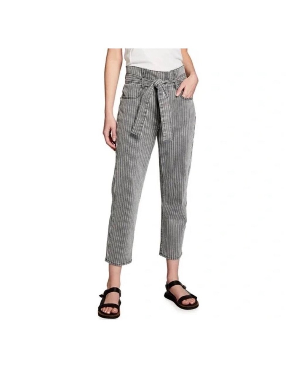 Frame belted pegged high waist tie stripped ankle leg pants